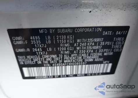 2017 Subaru Outback 2.5I Premium из США, поврежденный, VIN 4S4BSAFCXH3385597